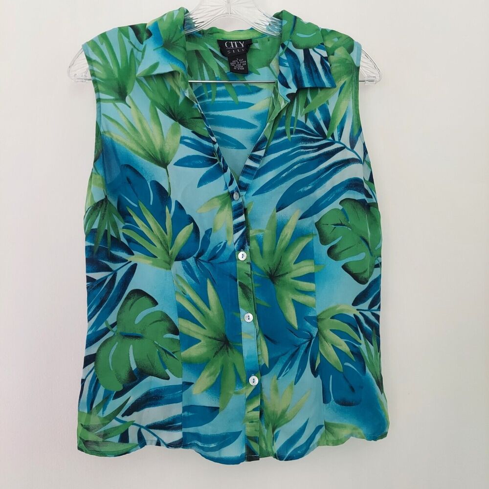 City Silk Sleeveless V-Neck Button Up Blouse Sz Large 100% Silk